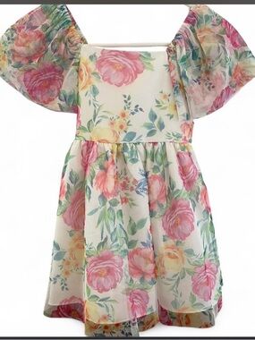 Floral Square-Neck Little Girls Dress - Pink & Green